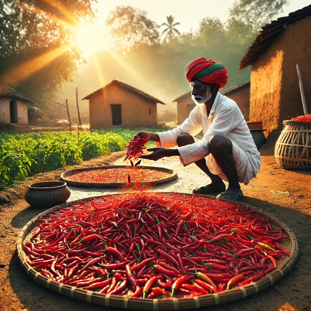 DALL·E 2024-12-04 02.35.53 - An Indian farmer spreading vibrant red chilies on the ground under the sun for drying. The scene captures a rural setting with a traditional Indian vi